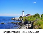 Atlantic ocean and beach along coastline in Maine, USA