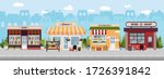 Shopping street in european town with book, wine, flower shops and supermarket. Urban landscape. Banner with building facades. Flat vector illustration, cityscape