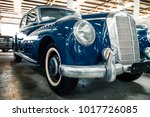 NAKHON PATHOM, THAILAND - 4 FEB 2018: Vintage cars at Jesada Technik Museum. Blue classic model of Mercedes brand.