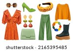Small photo of Beautiful women's clothing set isolated on white. Collage of modern green orange clothes. Collection of girls apparel. Autumn style wear.