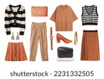 Small photo of Fashion women clothes set isolated.Female trendy outlook.Brown black apparel. Lady's wear.