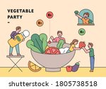 people are making salads in a... | Shutterstock .eps vector #1805738518