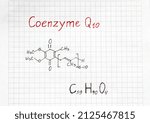 Small photo of Chemical formula of Coenzyme Q10. Useful vitamin quinone for cells. Close-up.