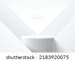 Realistic white, gray 3D cylinder stand podium with triangle overlap background. Vector luxury geometric forms. Abstract minimal scene for mockup products, Round stage for showcase, promotion display.