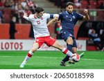 Small photo of WARSAW, POLAND - 9 OCTOBER, 2021: FIFA World Cup Qatar 2022 Qualifiers Match, Poland Vs San Marino 5:0, o.p: Robert Lewandowski of Poland and Mirko Palazzi of San Marino