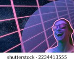 Retrowave synthwave portrait of a girl. Futuristic photo of the 80s on a neon background with copy space