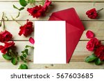 love letter valentine  rose and in envelope on wooden background, decoration for Valentines Day, copy space for text