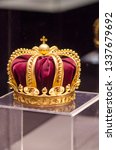 Small photo of Bucharest/Romania - September 28 2013: Crown worn by Queen Elisabeth of Romania worn at the coronation of the Charles king at 10 May 1881 at display at the Romanian National Museum of History.
