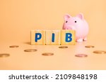 Small photo of The word PIB in Brazilian Portuguese which is the abbreviation of the word gross domestic product, written on wooden cubes. A red alarm clock, piggy bank and coins from Brazil in the composition.