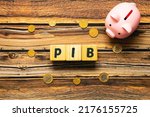 Small photo of The word PIB in Brazilian Portuguese which is the abbreviation of the word gross domestic product, written on wooden cubes. A piggy bank and coins from Brazil in the composition.