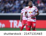 Small photo of Bergamo, Italy. 14 April 20220. Christopher Nkunku of RB Leipzig during during the UEFA Europa League Quarter Final Leg Two match between Atalanta BC and RB Leipzig .