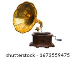 Small photo of Old gramophone with plate or vinyl disk on wooden box isolated on white background. Antique brass record player.Gramophone with horn speaker. Retro entertainment concept.Gramophone is an Music device.