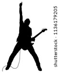 Vector drawing. Silhouette of man with electric guitar.