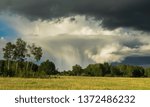 Small photo of A black thundercloud from which rain pours on a Sunny summer day with trees and a meadow illuminated by the sun