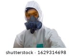 Small photo of Woman in chemical protective clothing and half mask replaceable particulate filter respirator with glasses at white background, Safety virus infection concept