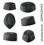Small photo of collection of skull caps, black decorative islamic headdress worn by muslim men, isolated in white background indifferent angles