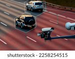 Small photo of Ai tracking traffic automobile, Camera that controls speeding cars and speeding on the road. The camera reads the speed, Artificial intelligence that tracks traffic, a car that recognizes the speed