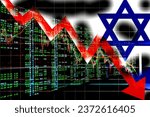 Israeli flag with stock market monitor. Collapse or crisis with big red arrow on background. The stock market fell due to the war. Repeated exposure. Can be used as background or base map