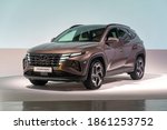 Small photo of Warsaw, Poland - 19th, November, 2020: The newest generation of Hyundai Tucson Hybrid on exposition point.