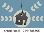 Small photo of House model on a hook. Mortgage fraud or rental scam.