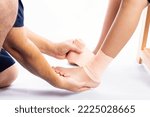 Small photo of Elderly men or women or young people have knee, ankle, joint pain, arthritis, and tendon problems. exercise-induced muscle pain from gout and uric acid isolated on white background