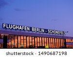 Small photo of Berlin, Germany - August 03 2019: The Airport Berlin-Schonefeld in the sunset. Schonefeld ist one of two active airports in Berlin and is just round the corner from BER.