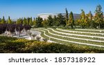 Small photo of Semicircular terraces with sage in public landscape park Krasnodar. Thuja plicata (western red edr) in front of stadium in Krasnodar.Top view of city park Galician.Krasnodar, Russia - October 08, 2020