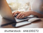 Closeup Woman hand using Laptop pc with email icon, Email concept