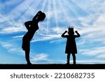 Small photo of Selfishness. Dissatisfied parent Mom and selfish child girl with a crown screaming and being naughty. The concept of behavior - child egoism and upbringing. Silhouette