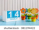 March 14th. Image of march 14 wooden color calendar with flower on white background.  Spring day