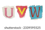Small photo of U, V and W alphabets on torn colorful paper with clipping path. Ransom note style letters.