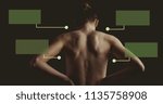 Small photo of Digital composite of Woman holding back pain with blank infographic chart panels