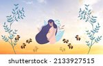 Small photo of Image of illustration of butterflies flying over pregnant woman. international day of the midwife and pregnancy concept digitally generated image.