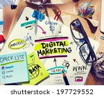 Office Desk with Tools and Notes About Digital Marketing