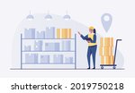 woman in warehouse checking... | Shutterstock .eps vector #2019750218