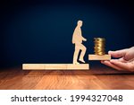 Small photo of Personal development leads to higher earnings. Motivational financial concept with wooden person and blocks. Exploit your own potential for higher earnings.