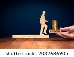 Small photo of Potential for financial growth concept. Coach or mentor motivate to monetize your personal potential and revenue improvement. Concept with wooden model of person, blocks and coins.