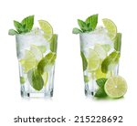 Mojito cocktail with lime and mint in highball glass. Set of isolated mojitos 