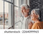 Small photo of Happy bonding loving middle aged senior retired couple standing near window, looking in distance, recollecting good memories or planning common future, enjoying peaceful moment together at home.