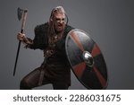 Small photo of Studio shot of isolated on gray background furious barbarian from north.