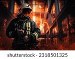 Courageous firefighter in protective uniform stands amidst billowing flames and smoke inside an office building. This photo exemplifies the bravery and sacrifice of emergency responders