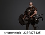 Small photo of Grizzled elderly Viking warrior, displaying strength and wisdom, clad in furs and light armor, with a helmet slung on his waist, brandishing dual axes on a neutral background