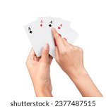 Small photo of Playing poker Deck of Ace High Royal Flush Cards in pretty women hand isolated on white background. Flush Aces Winning Gambling Game Four of a kind Quads high straight flush Casino