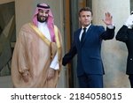 Small photo of Paris, FRANCE - July 28 2022: The french president Emmanuel Macron welcoming the President of the Crown Prince of Saudi Arabia Mohammed bin Salman at Elysee Palace for working lunch.