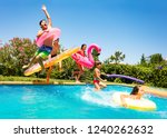 Happy Friends Jumping In Pool...