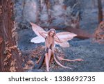 Small photo of charming fairy woke up in forest, sweetly smacks after sleeping, cue girl with blond hair, eyes closed in long green dress with cut train, deep decolte, baby spirits with transparent butterfly wings.