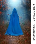 Small photo of Silhouette fantasy woman in medieval cloak, cape, hood on head. Lady queen walks along path in forest. Blue long vintage clothing. Autumn mystery nature trees orange leaves magic fog. Back rear view