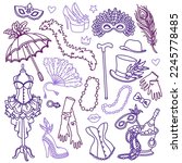 Vintage burlesque style clothes, shoes and accessories. Halloween, Mardi Gras carnival costumes. Hand drawn vector illustration. Outline stroke is not expanded, stroke weight is editable
