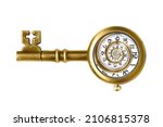 Close-up of a retro style bronze toned key shaped watch with a swirled watch face isolated on a white background. Stopping and correcting endless loops in business processes.