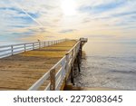 Breathtaking beauty of a sunrise over Malibu Pier in California. Calm ocean waters reflect soft hues of pink and orange, seagulls rest peacefully on pier. Stillness and beauty of the natural world.